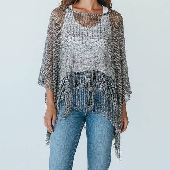 Women’s Fringe Sweater Cover Up in Blue - Picture 3 of 5